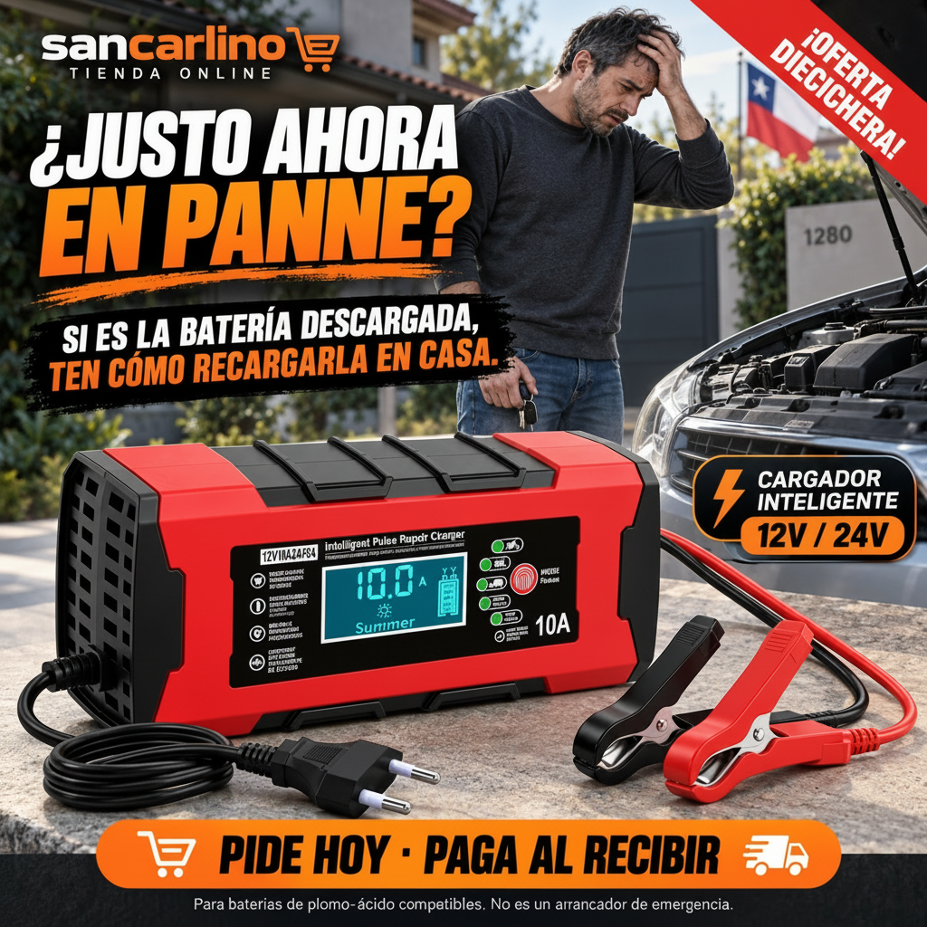 Gráfica publicitaria: ¿Justo ahora en panne? Cargador inteligente 12V/24V