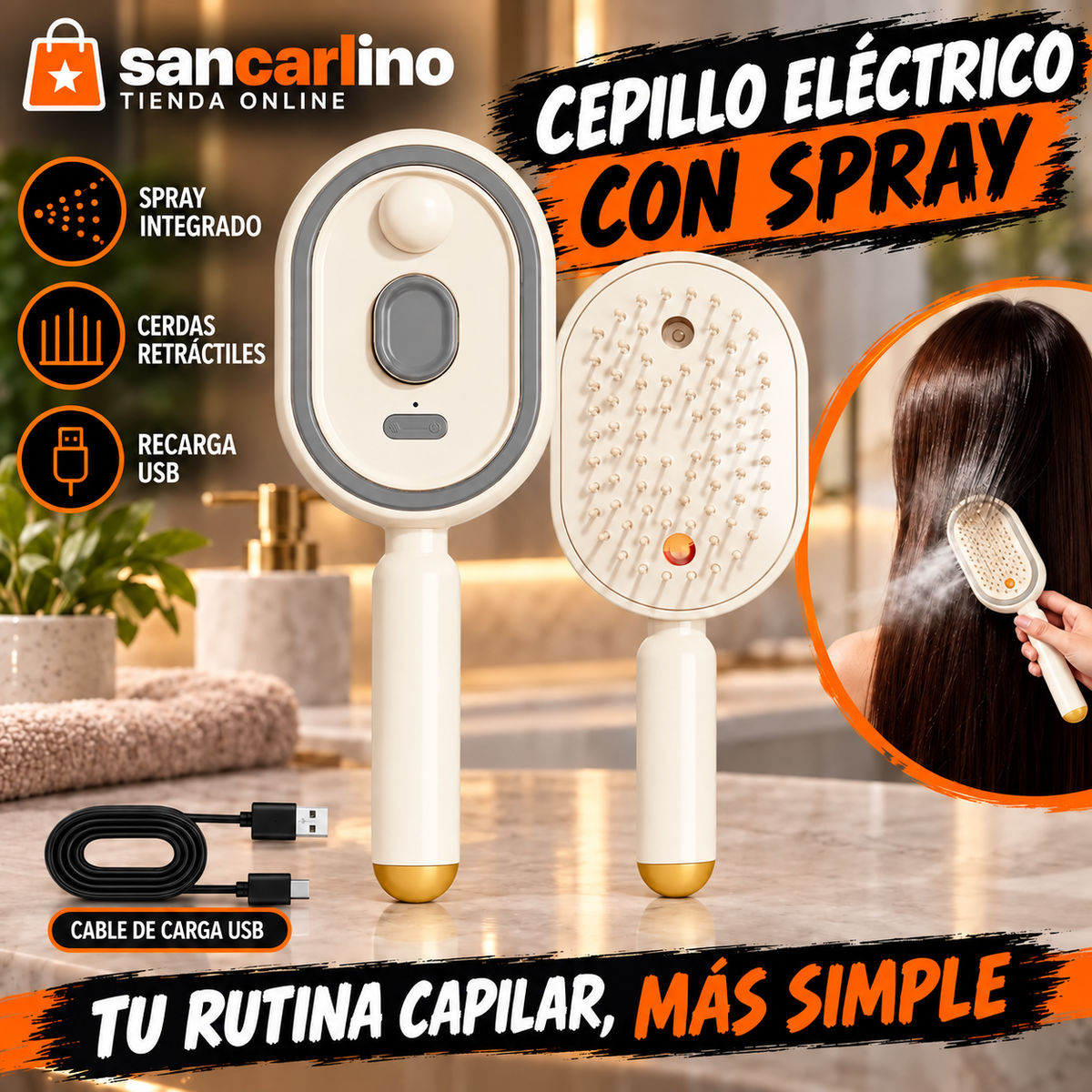 Cepillo con spray color crema y dorado con cable de carga USB.
