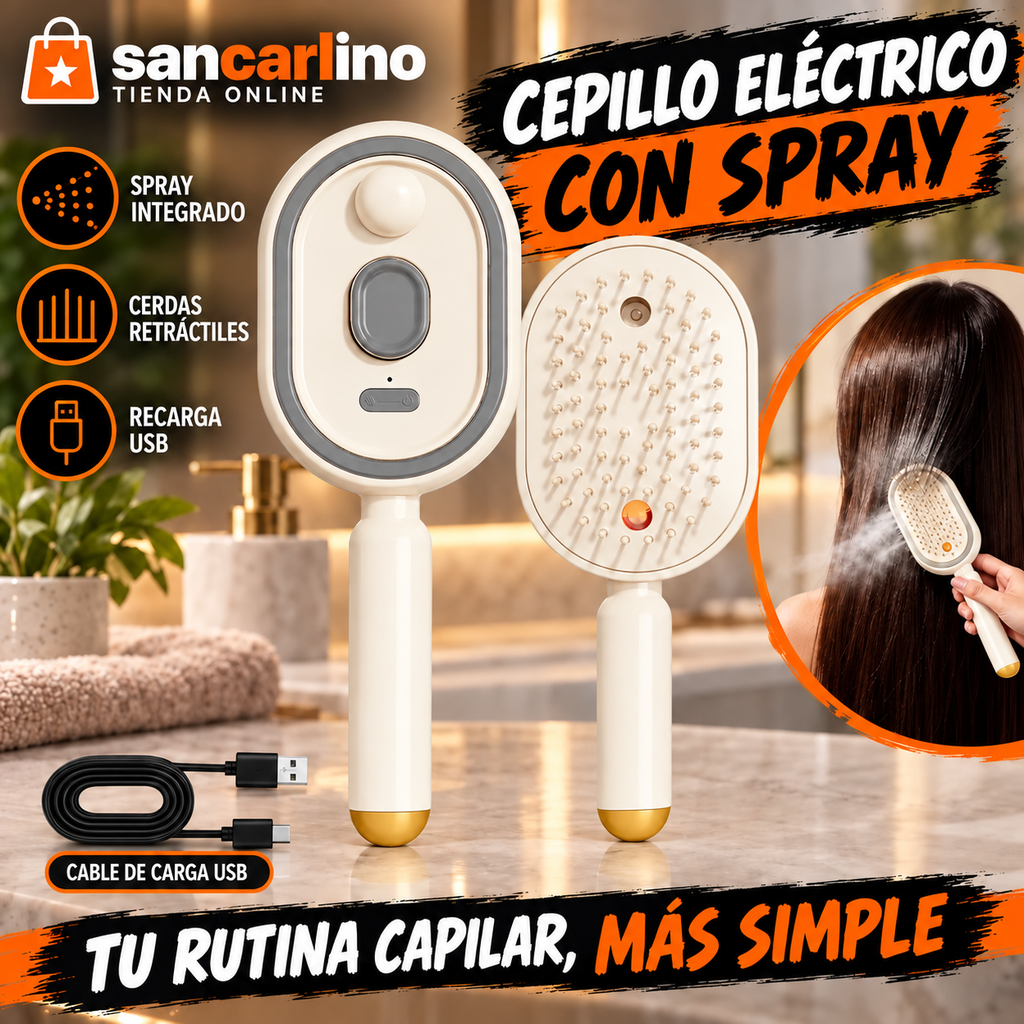 Cepillo con spray color crema y dorado con cable de carga USB.