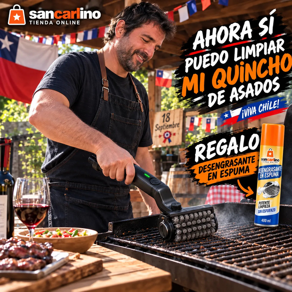Hombre limpiando parrilla con cepillo eléctrico Sancarlino y desengrasante en espuma de regalo