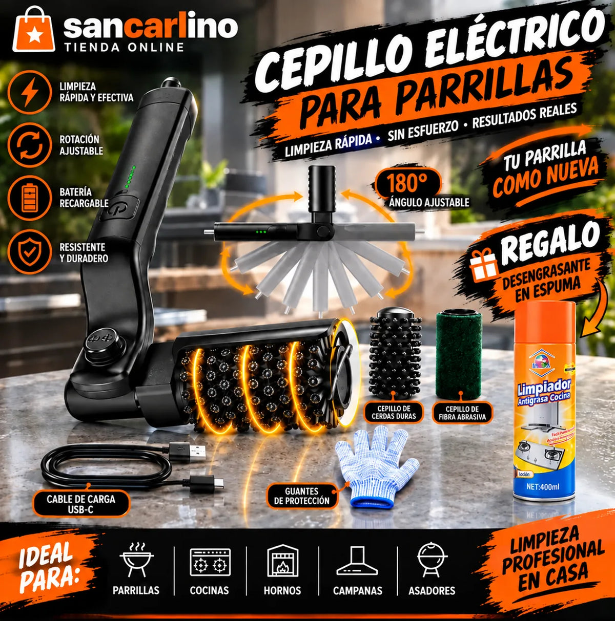 Cepillo eléctrico para parrilla Sancarlino con desengrasante en espuma de regalo y un guante