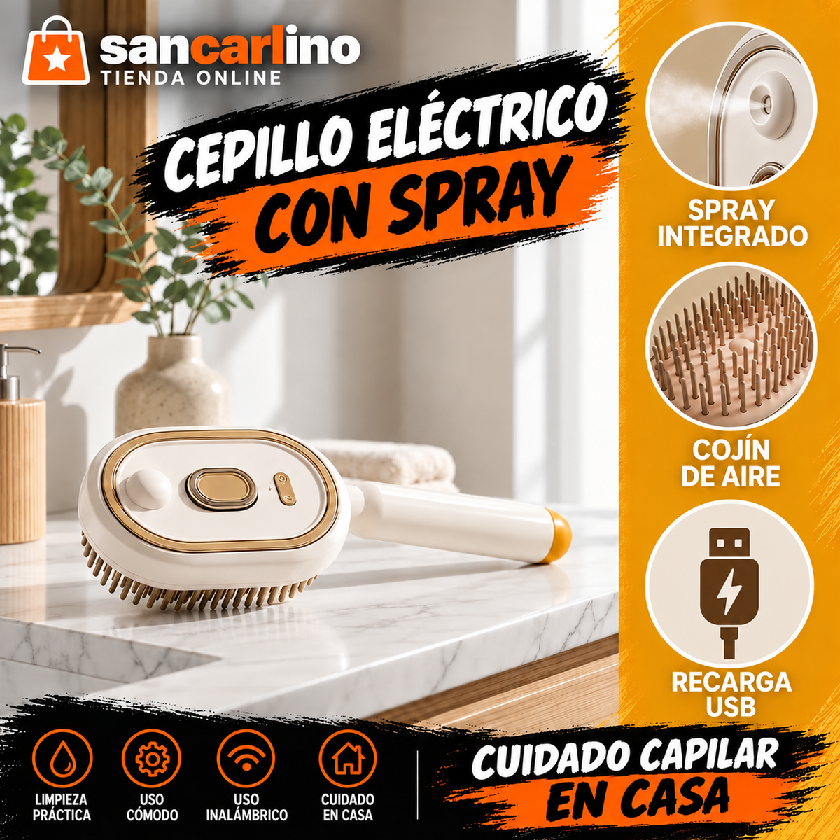 Cepillo eléctrico con spray, cojín de aire y recarga USB.