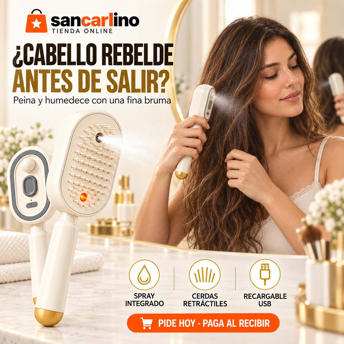 Cepillo con spray y cerdas retráctiles Sancarlino: peina y humedece con una fina bruma.