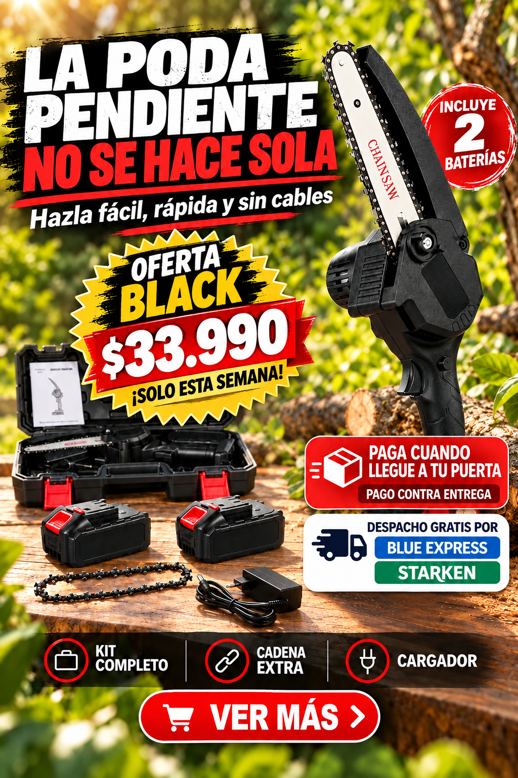 Mini motosierra inalámbrica con 2 baterías, kit completo, pago contra entrega y despacho gratis por Blue Express y Starken