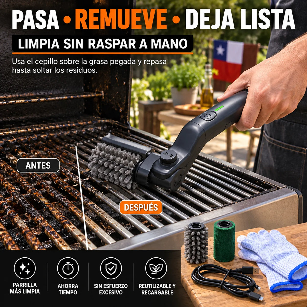 Cepillo Eléctrico para Parrilla Recargable + Desengrasante en Espuma de Regalo