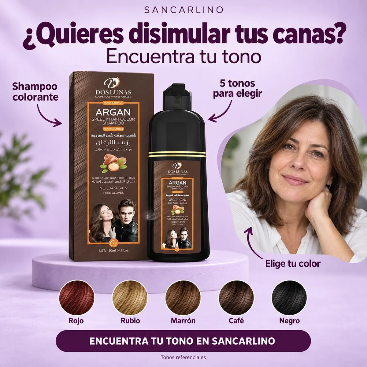 Shampoo Colorante Anticanas Dos Lunas con Argán